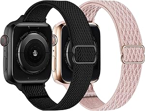 Swhatty 2 Pack Slim Sport Nylon Stretchy Solo Loop Band Compatible with Apple Watch 44mm 40mm 38mm 42mm,Thin Women Narrow Soft Stretch Elastics Braided Strap Wristband for iWatch SE Series 6/5/4/3/2/1