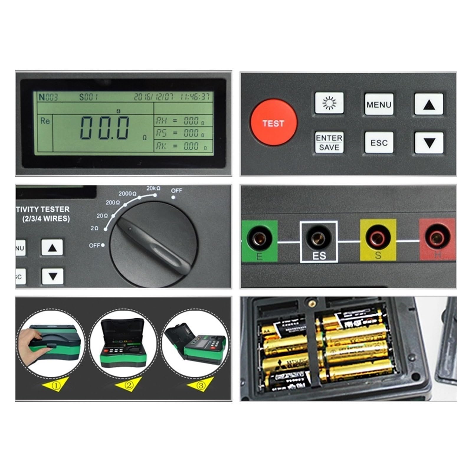 Widerstandstester, Isolationswiderstandstester Messgerät Digital Megger Boden Erde Erdungswiderstand Spannungsprüfer Megohmmeter Voltmeter