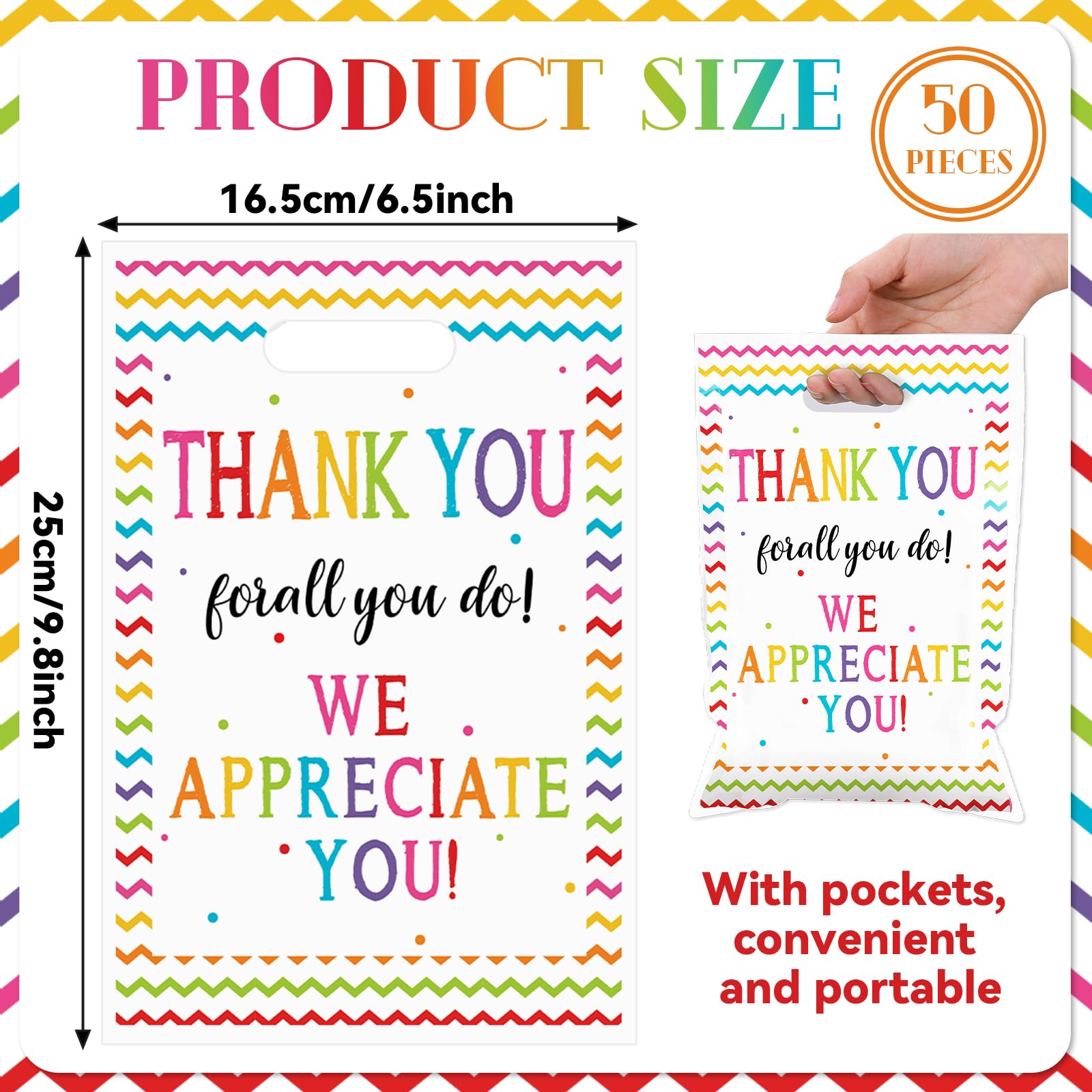 50 Pcs We Appreciate You Favors Bag Thanks for All You Do Plastic Gift Bags Be Thankful to Teacher Candy Snack Bag for Teacher Doctor Staff Employee Appreciation Party Decoration Supplies 10 x 6.5Inch