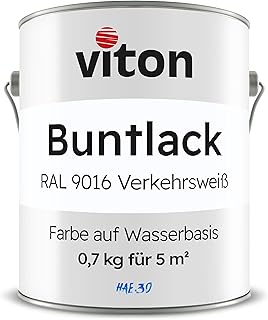 Viton Buntlack 0,7 Kg Weiss - Seidenmatt - Wetterfest für Außen und Innen - 3in1 Grundierung & Lack - HAE 30 - Nachhaltige Farbe auf Wasserbasis für Holz, Metall & Stein - RAL 9016 Verkehrsweiss