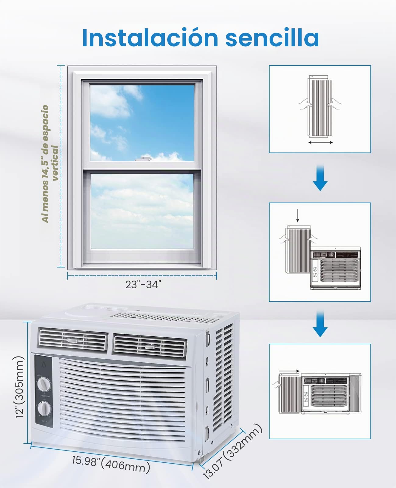 Aire Acondicionado de Ventana Inteligente de 6000 BTU con WiFi, Control Remoto y aplicación, función de Temporizador y Kit de fácil instalación para Habitaciones de hasta 350