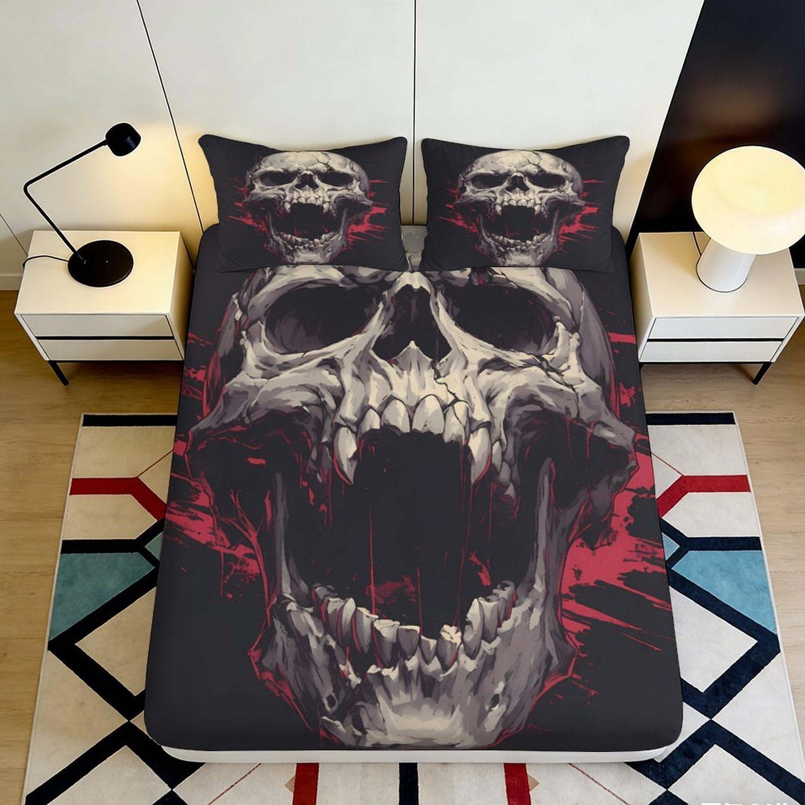 Uynsixtme Style-7 3D Printed Skull Pattern Fitted Sheet Microfiber Non-Slip Deep Pocket Skull Bedroom Mattress Fitted Cover Washable 140X200x25cm