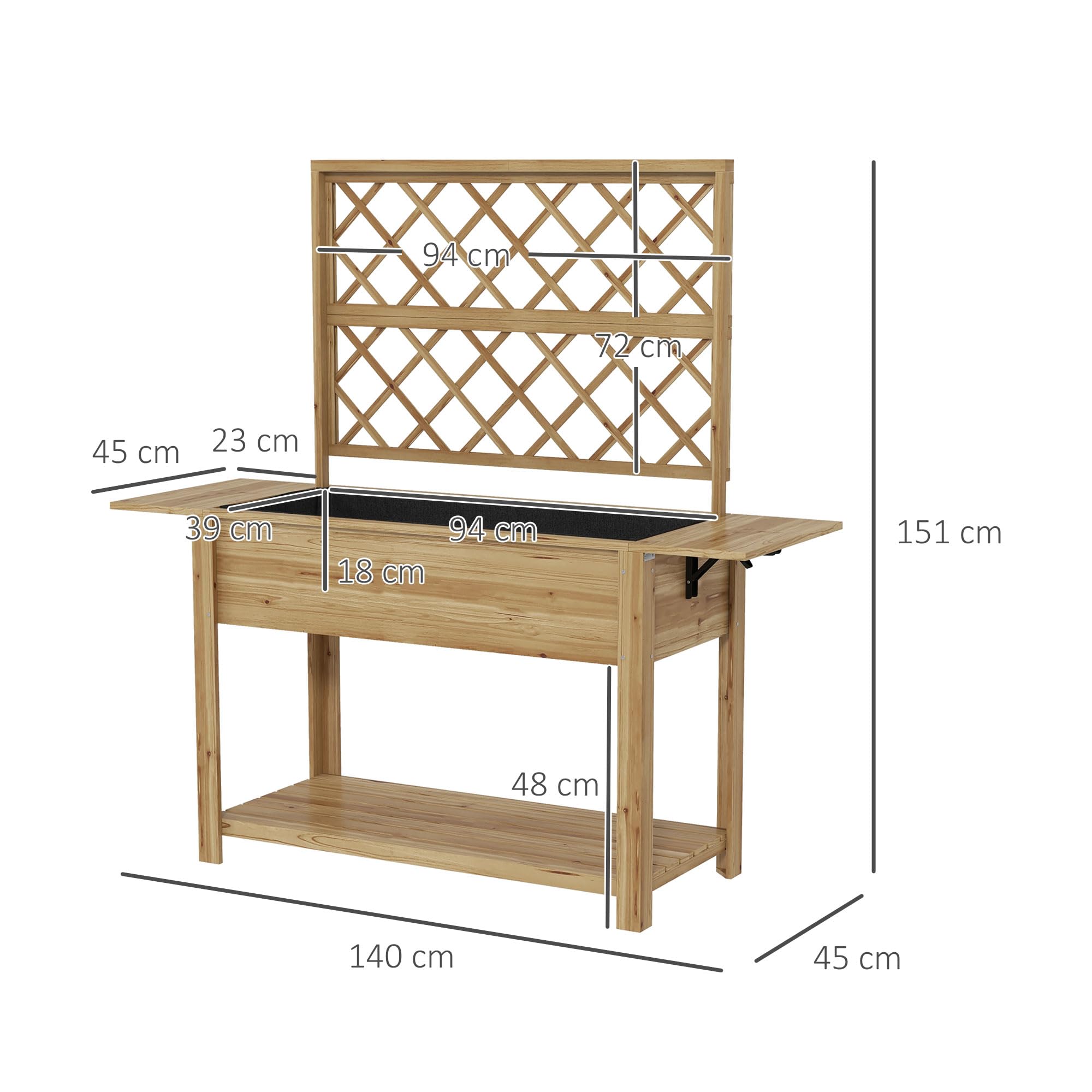 Outsunny - Jardinera rectangular con patas enrejado, 140 x 45 x 151 cm | Huerto elevado, 1 estante inferior, 2 estantes laterales abatibles, madera