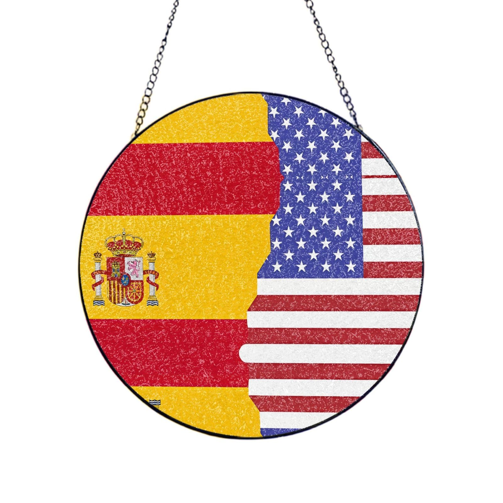 Phayah American Spain Flag Print Glass Window Hanging Sun Catchers Suncatcher Decor For Birthday For Home Garden Porch 10in（25cm）
