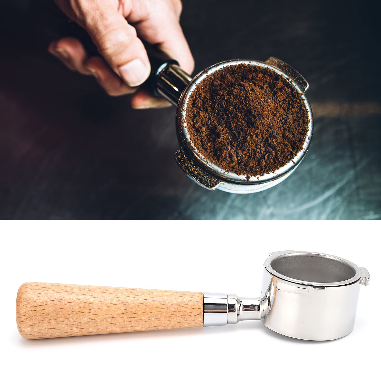 Portafiltro sin fondo para máquina de espresso, soporte de filtro de café de acero inoxidable con mango ergonómico de madera, herramienta de para preparar café en casa o en (Faggio da 51 mm)