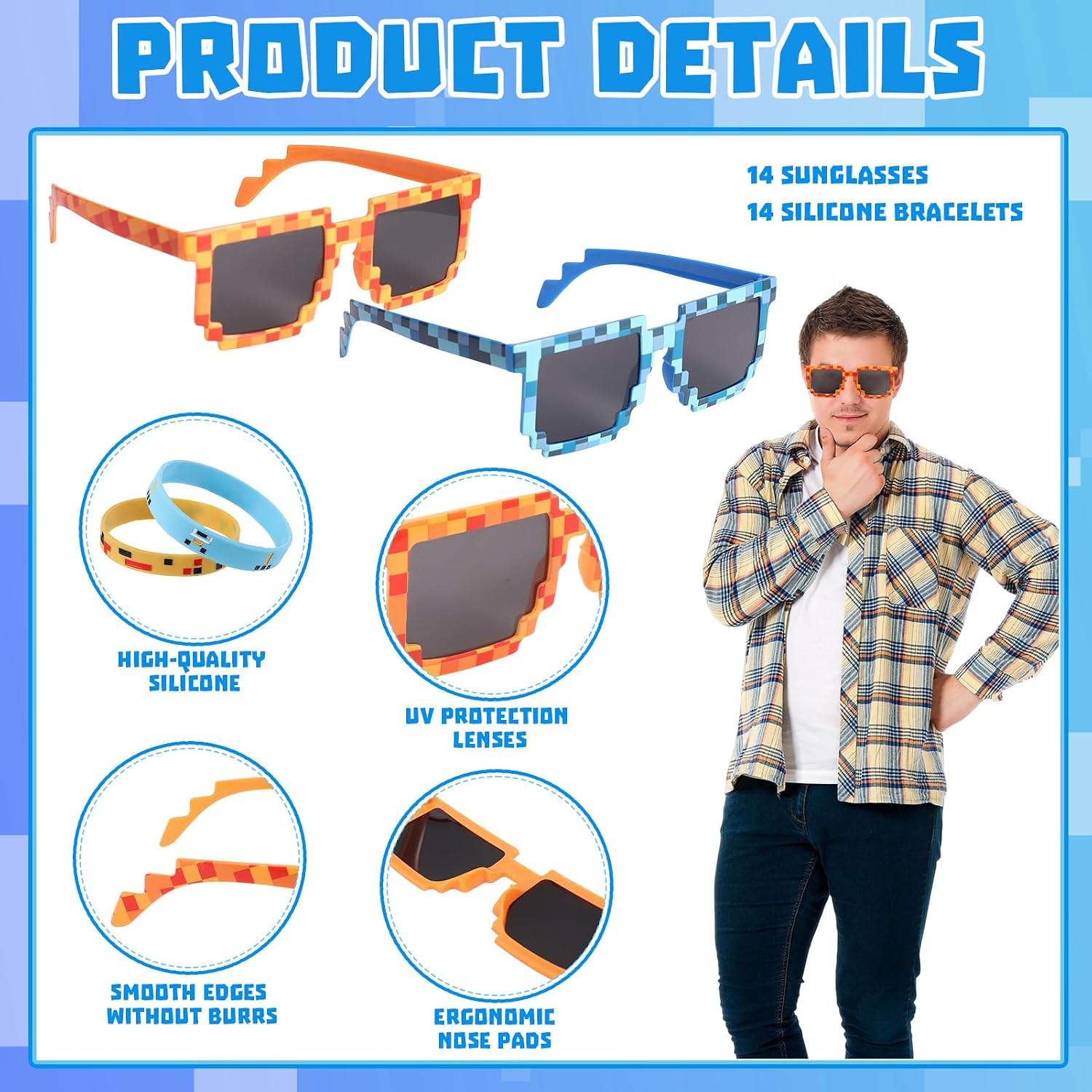 JATEBI 28 Pack Pixel Glasses and Wristbands Retro Gamer Sunglasses Pixel Style Party Accessories for Miner Party Cosplay Group Events