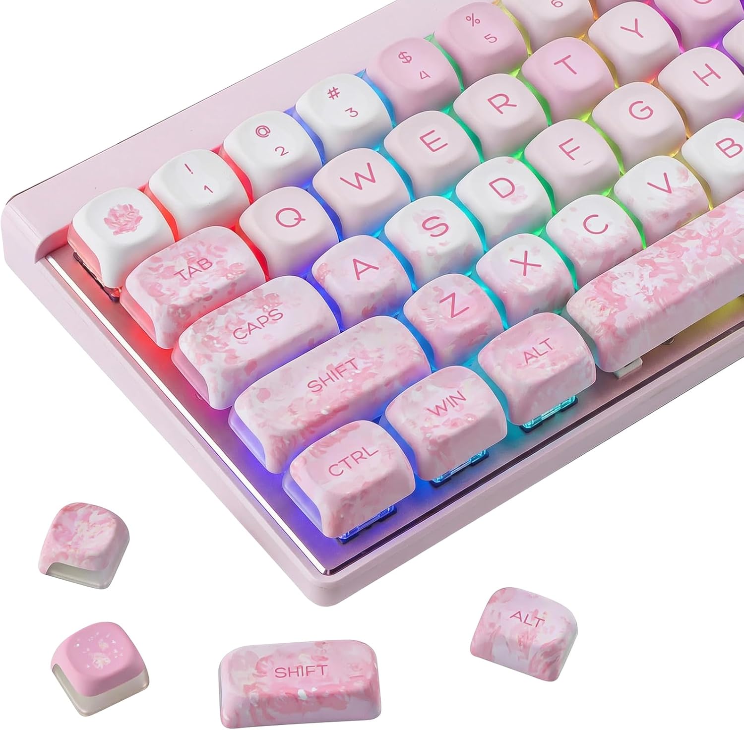 Tsungup Keycaps-Pink Cherry Blossom MOA Keycaps,Cute Sakura Custom Keycap Set 133 Keys PBT Dye Sublimation Shine Through Keyboard caps for Cherry Gateron MX Swithes Mechanical Keyboard