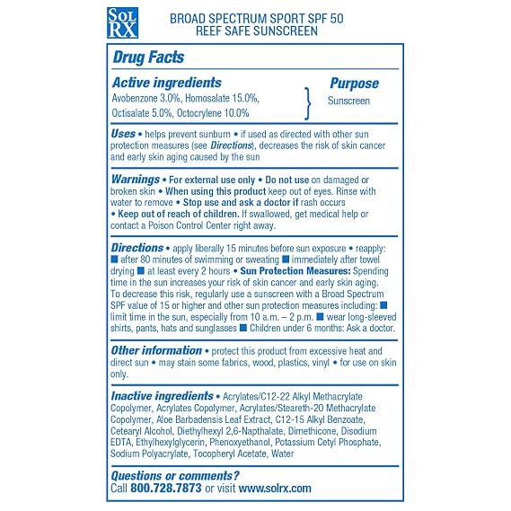 SolRX SPORT SPF 50 Sunscreen, Oxybenzone Free, Broad Spectrum UVA/UVB, Fragrance Free, Reef Friendly
