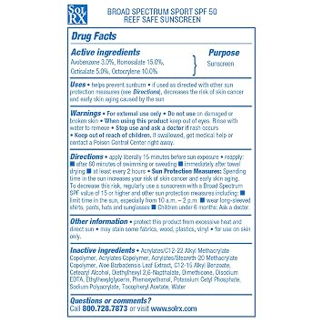 SolRX SPORT SPF 50 Sunscreen, Oxybenzone Free, Broad Spectrum UVA/UVB, Fragrance Free, Reef Friendly