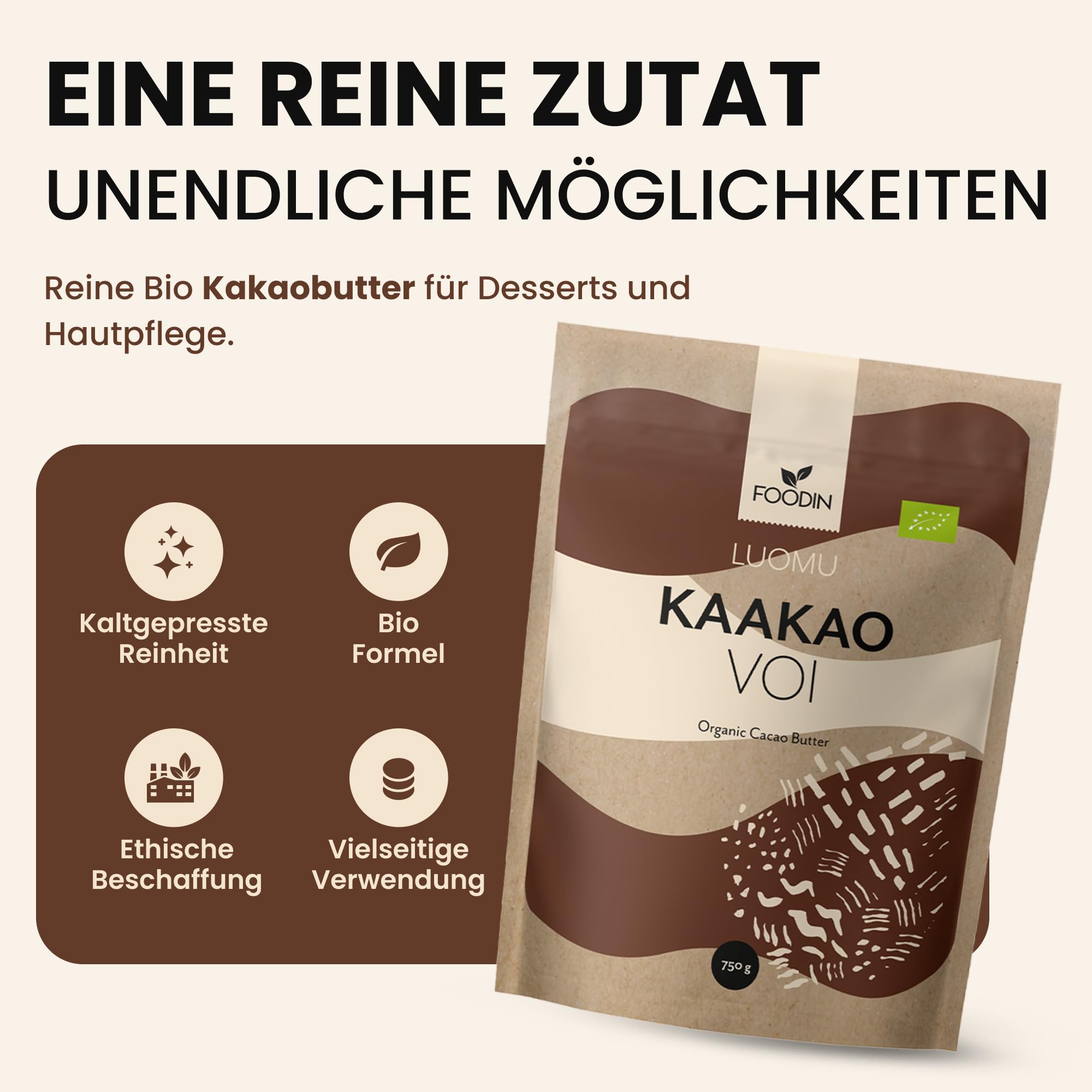 FOODIN Kakaobutter 750g, Bio-Kakaobutter für Kosmetik, süß duftend für Hautpflege, Backen & Kochen, ideal für Rezeptbedürfnisse