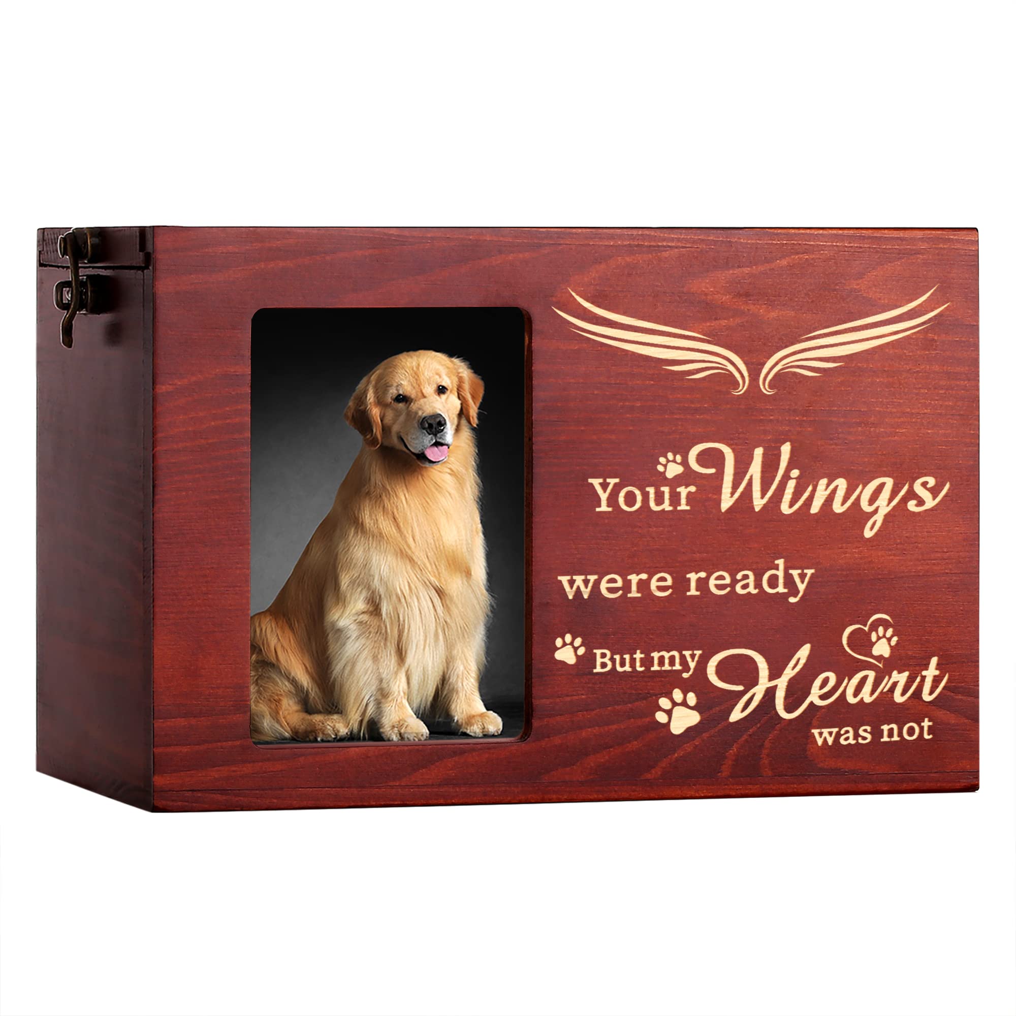 Pet Memorial Urns for Dog or Cat Ashes, Large Wooden Funeral Cremation Urns with Photo Frame, Keepsake Memory Box with Black Flannel Lining