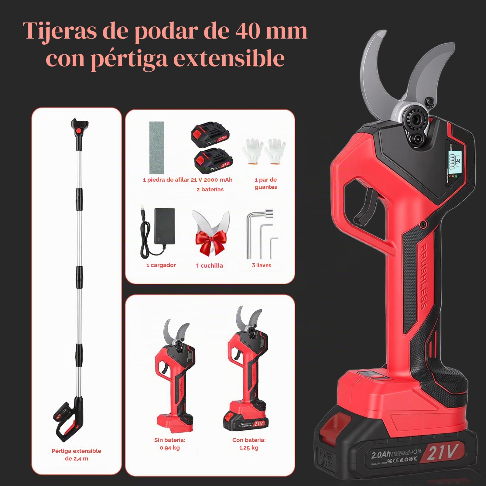 Tijeras De Podar Electricas: Tijera podar telescopica 40-25mm Ajustables Hoja SK7 - Tijeras de podar telescópicas con 2 baterías de 21 V/2000 mAh - Tijeras de Podar Bateria para Jardinería,Olivos