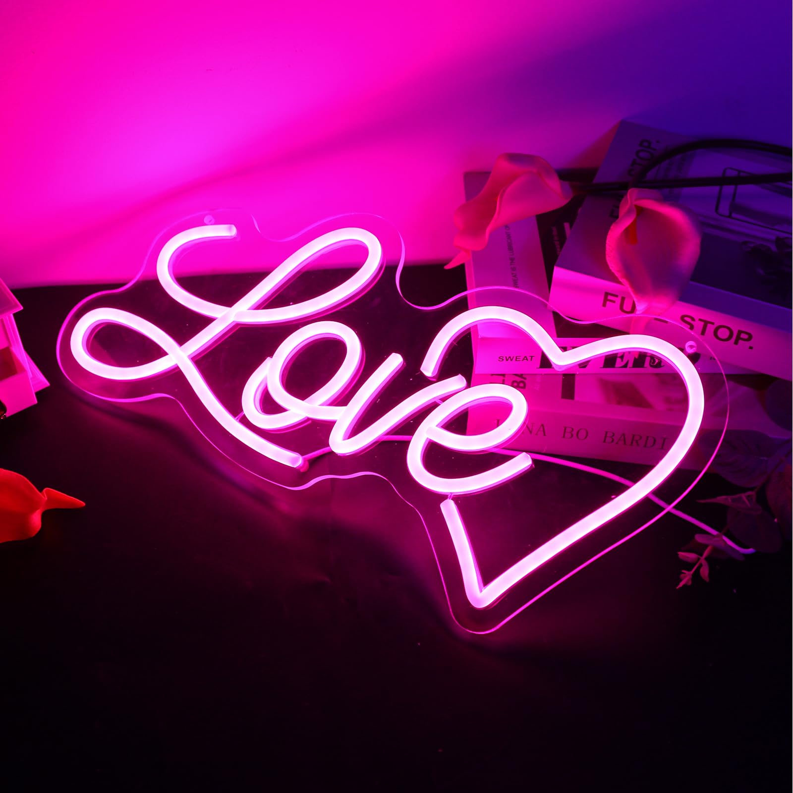 ENUOLI Insegna al neon Love, Illuminazione al neon per parete, Alimentazione USB, Cartello d'amore dimmerabile, Cuore Rosa, Decorazione per camera da letto, Casa, Matrimonio, Parete