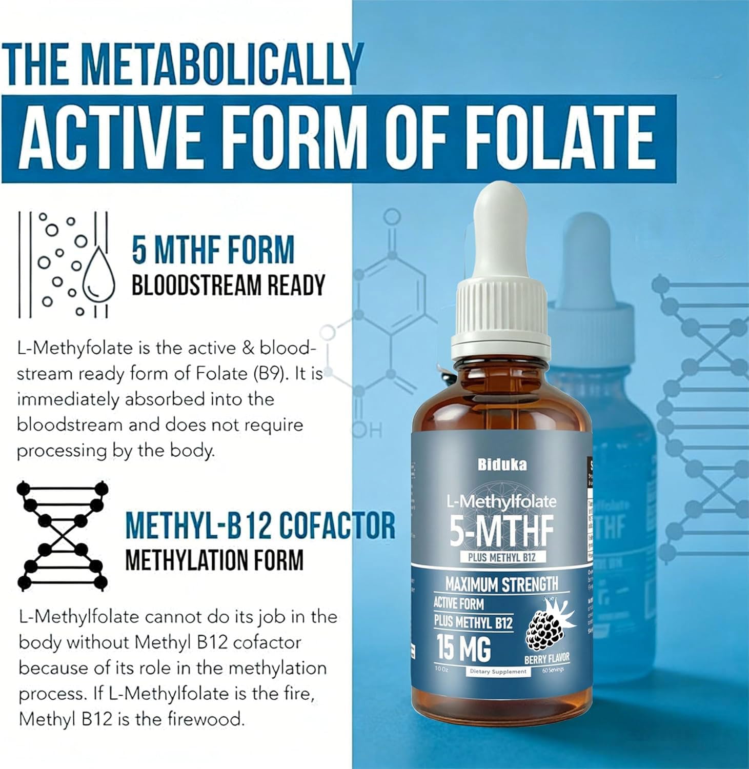 Organic L-Methylfolate 15 mg + Methyl B12 1000mcg Liquid Drops-60 Servings — Amazon image 2
