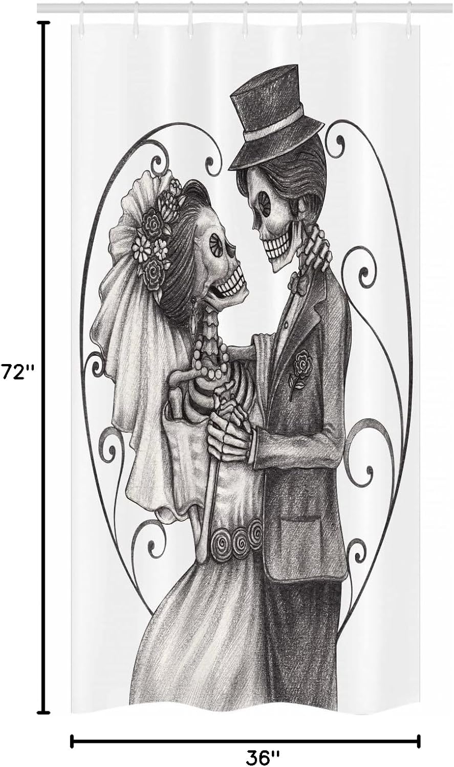 Ambesonne Day of The Dead Stall Shower Curtain, Love Skull Skeleton Marriage Eternal Love Theme Spanish Art, Fabric Bathroom Decor Set with Hooks, 36" W x 72" L, Dimgrey and White