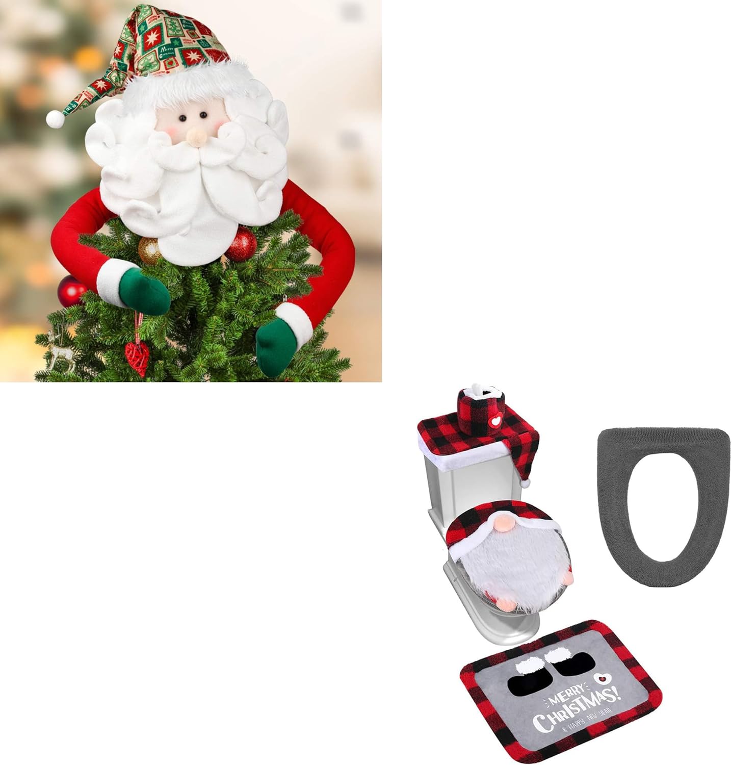 D-FantiX Christmas Santa Tree Topper & Gnome Toilet Seat Cover and Rug Set of 5