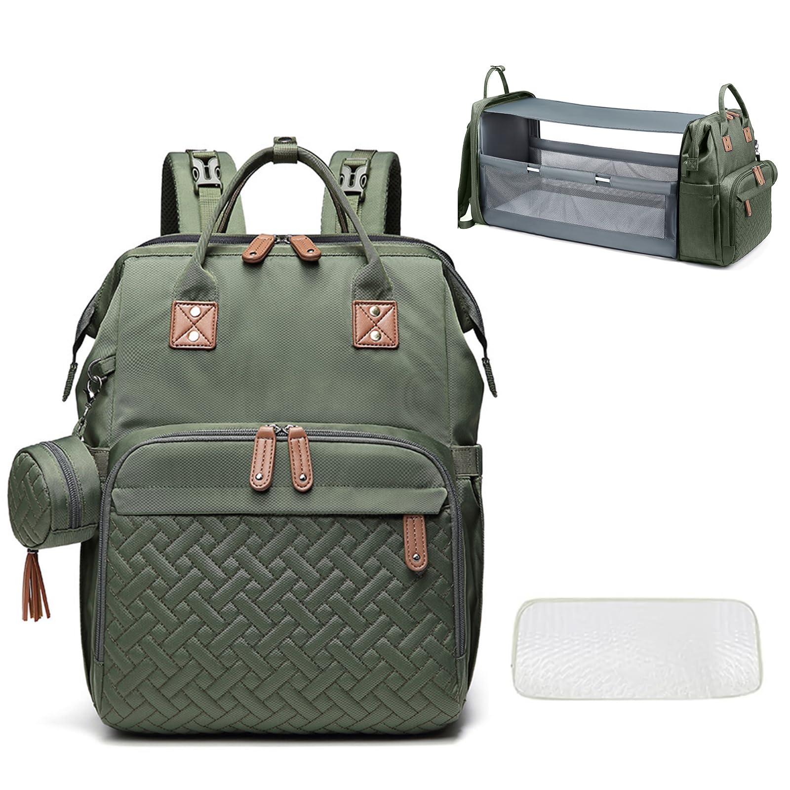 Mochila de Pañales para Bebé con Cuna Plegable,Bolsa de Pañales Multifuncional Bolsa de Viaje para Pañales Bolsa para Cochecito con Cambiador Bolsa de Chupete y Puerto USB