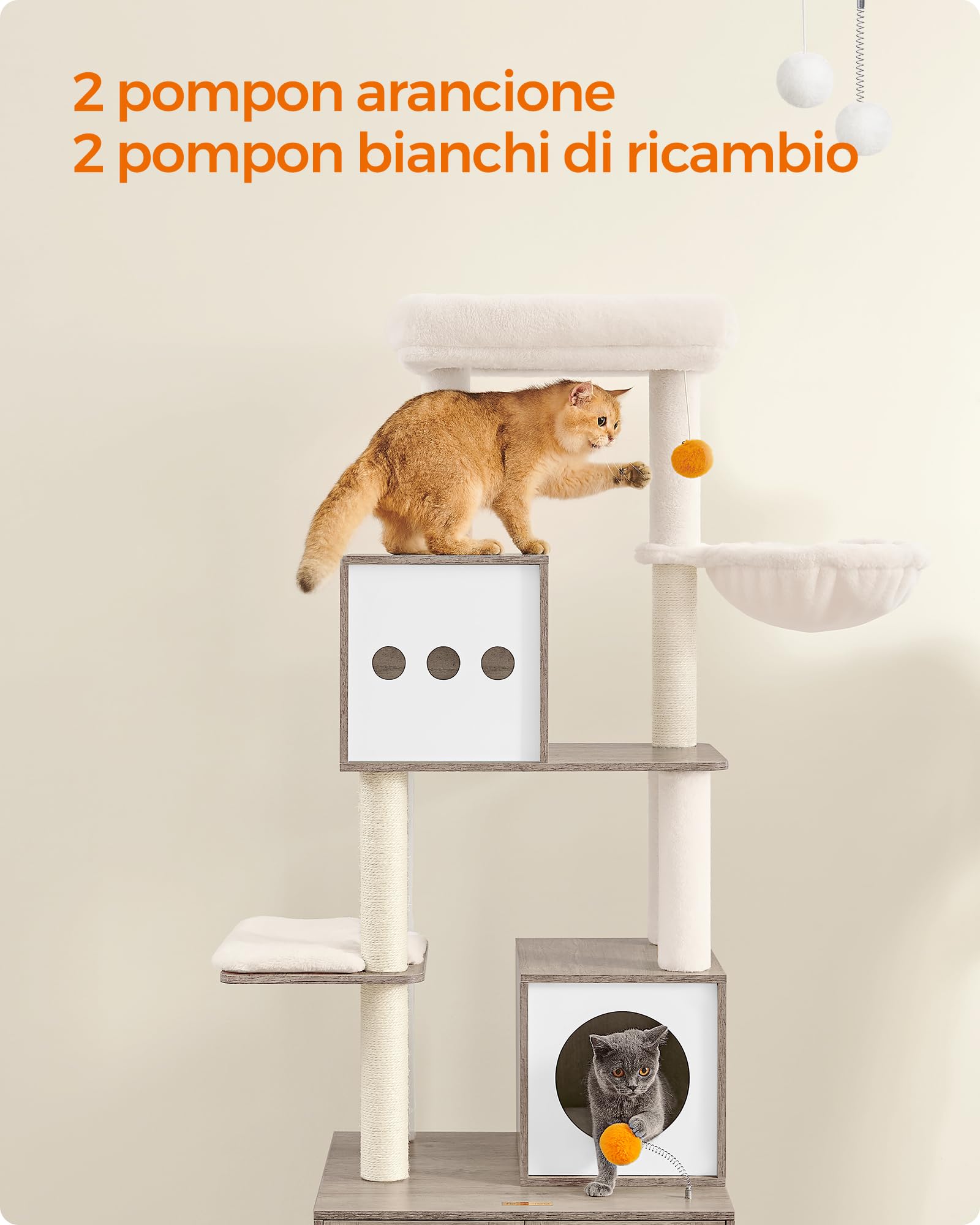 Feandrea Albero per Gatti Moderno, Tiragraffi con Mobile per Lettiera, 185 cm, Condominio per Gatti, Graffiatoi, Trespolo, Cuscini Lavabili, Greige PCT116G01