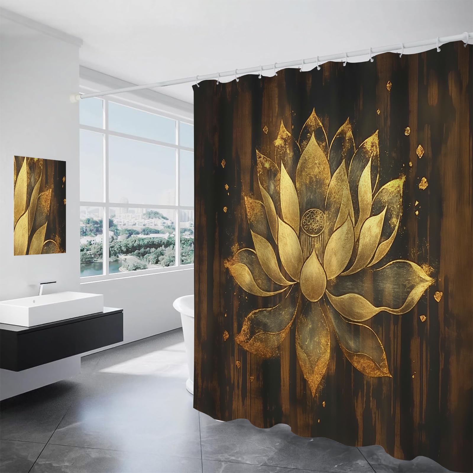 ALTCIRNMD Golden Lotus Shower Curtain Sets With Hooks,Raindrops Bath Curtain,Mystical Flower Waterproof Fabric Shower Curtains 240 X 200 Cm