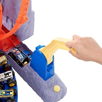 Hot Wheels Monster Trucks T-Rex Volcano Playset with 1:64 Scale Race Ace Toy Truck & 1 Toy Car, Track Set with Dinosaur Nemesis