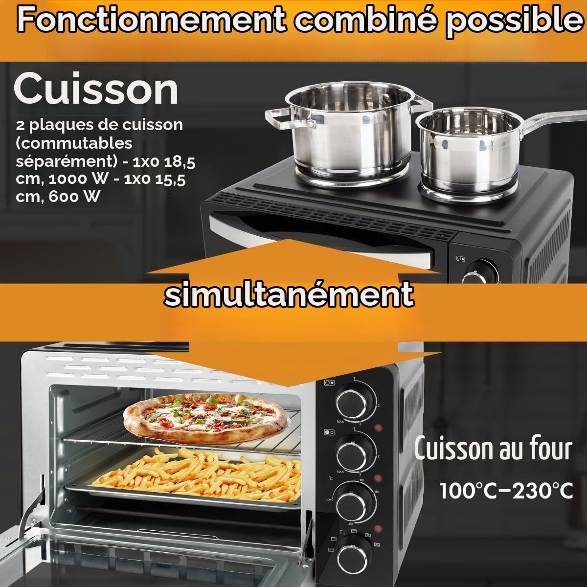 Clatronic® Mini-four avec plaques de cuisson et broche tournante | cuisson et rôtissage simultanés | mini-four à convection de 28 litres, chaleur supérieure/inferieure de 100° à 230°C | KK 3786