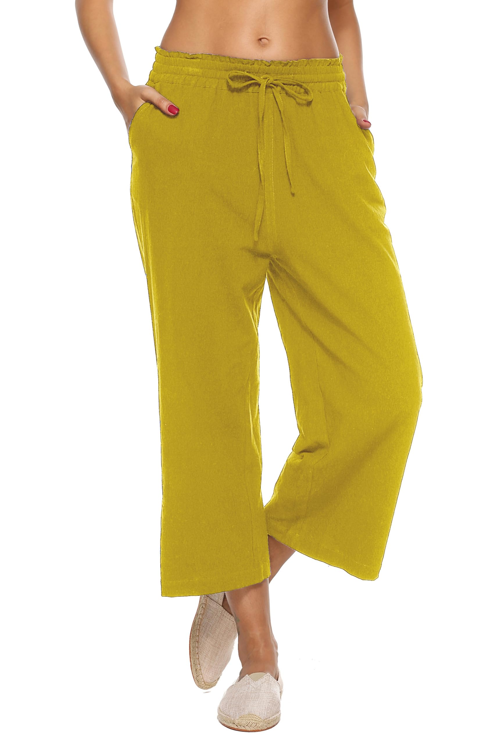 LNX Womens Linen Pants High Waisted Wide Leg Drawstring Casual Loose Trousers with Pockets