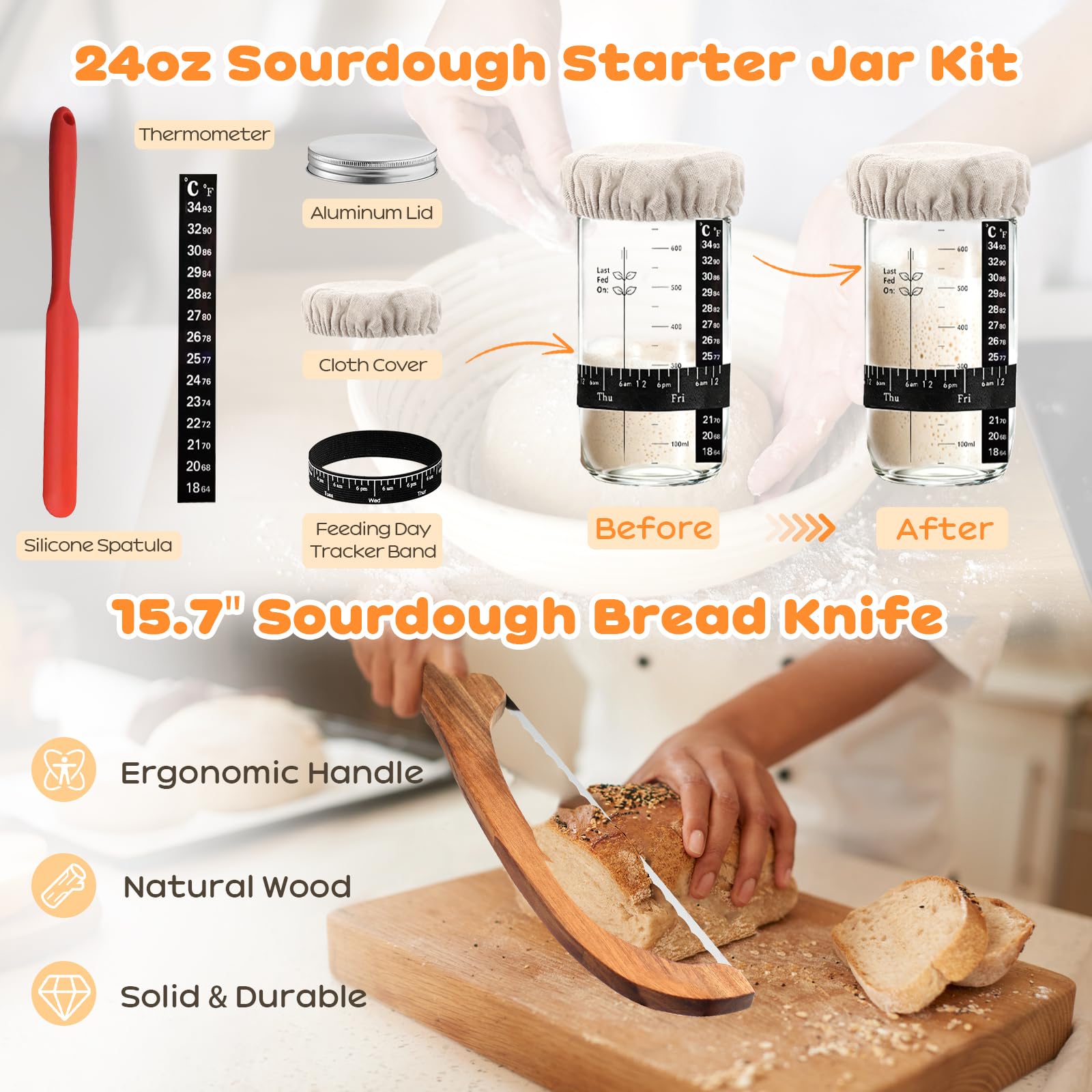 Sauerteig-Starter-Set, 22,9 cm rund und 25,4 cm oval, Banneton-Brot-Gärkörbchen, Sauerteig-Brot-Backzubehör mit Sauerteig-Starterglas und Brotschneider, Sauerteig-Set, Geschenke für Menschen, die