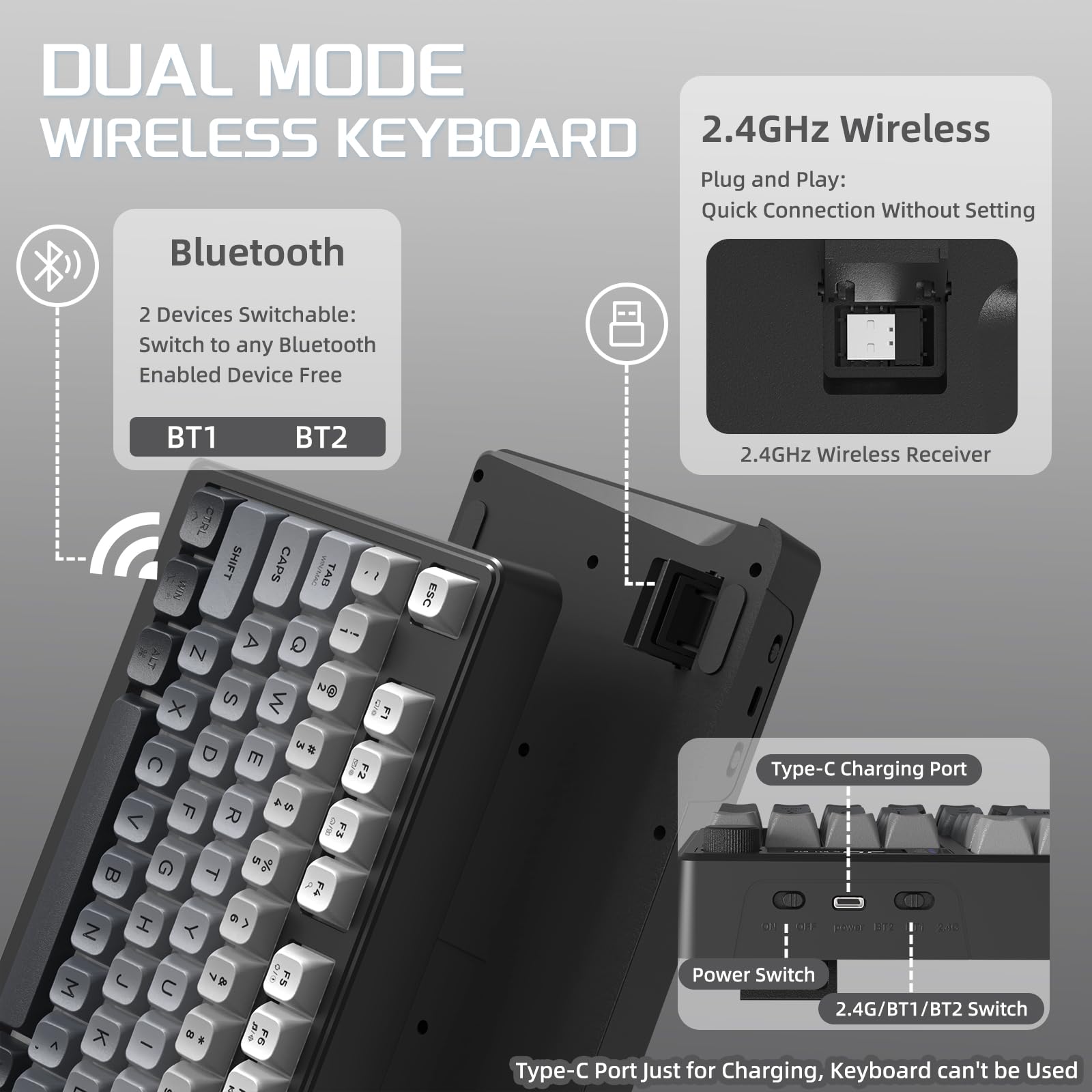 FREEWOLF M96 bezprzewodowa klawiatura membranowa do gier, sterowanie przyciskami Bluetooth/2,4 G bezprzewodowe, mechaniczne odczucia, podświetlenie LED, wyświetlacz, nasadka na klawisz PBT, 3000 mAh