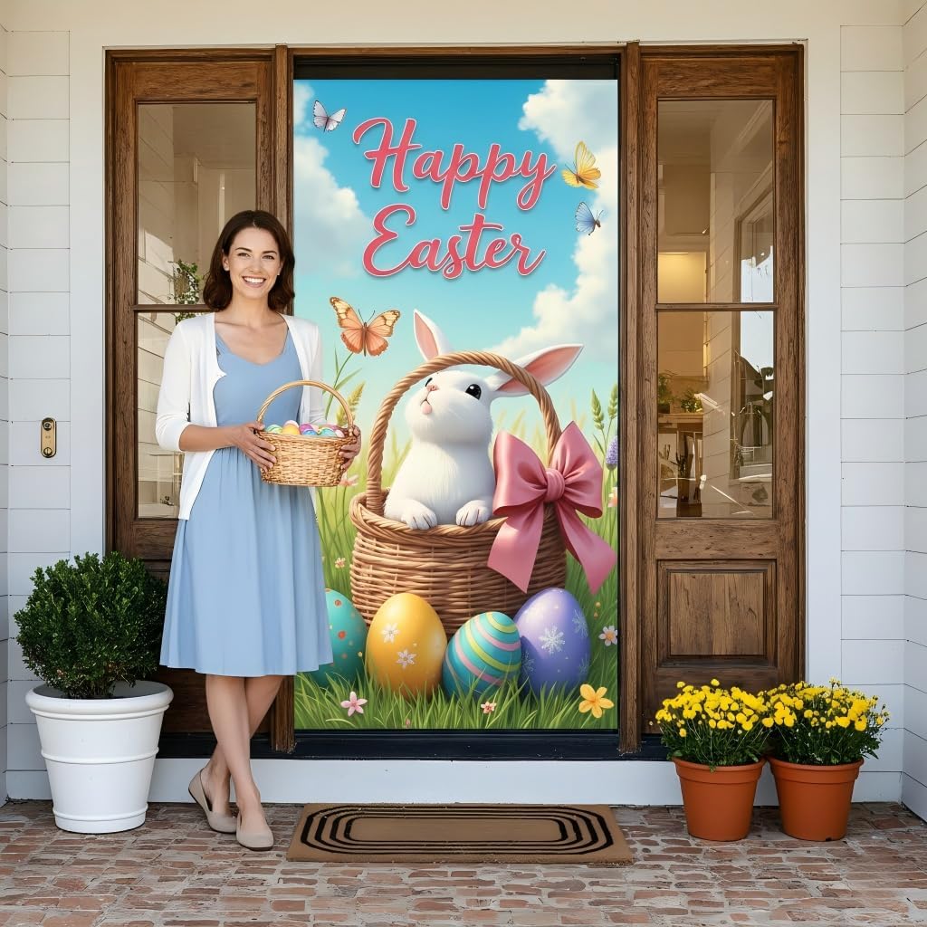 Happy Easter Door Cover Decoration Spring Easter Day Door Banner Large Floral Spring Backdrop Hanging Banner for Holiday Spring Indoor Outdoor Party Supplies 71x35 Inch