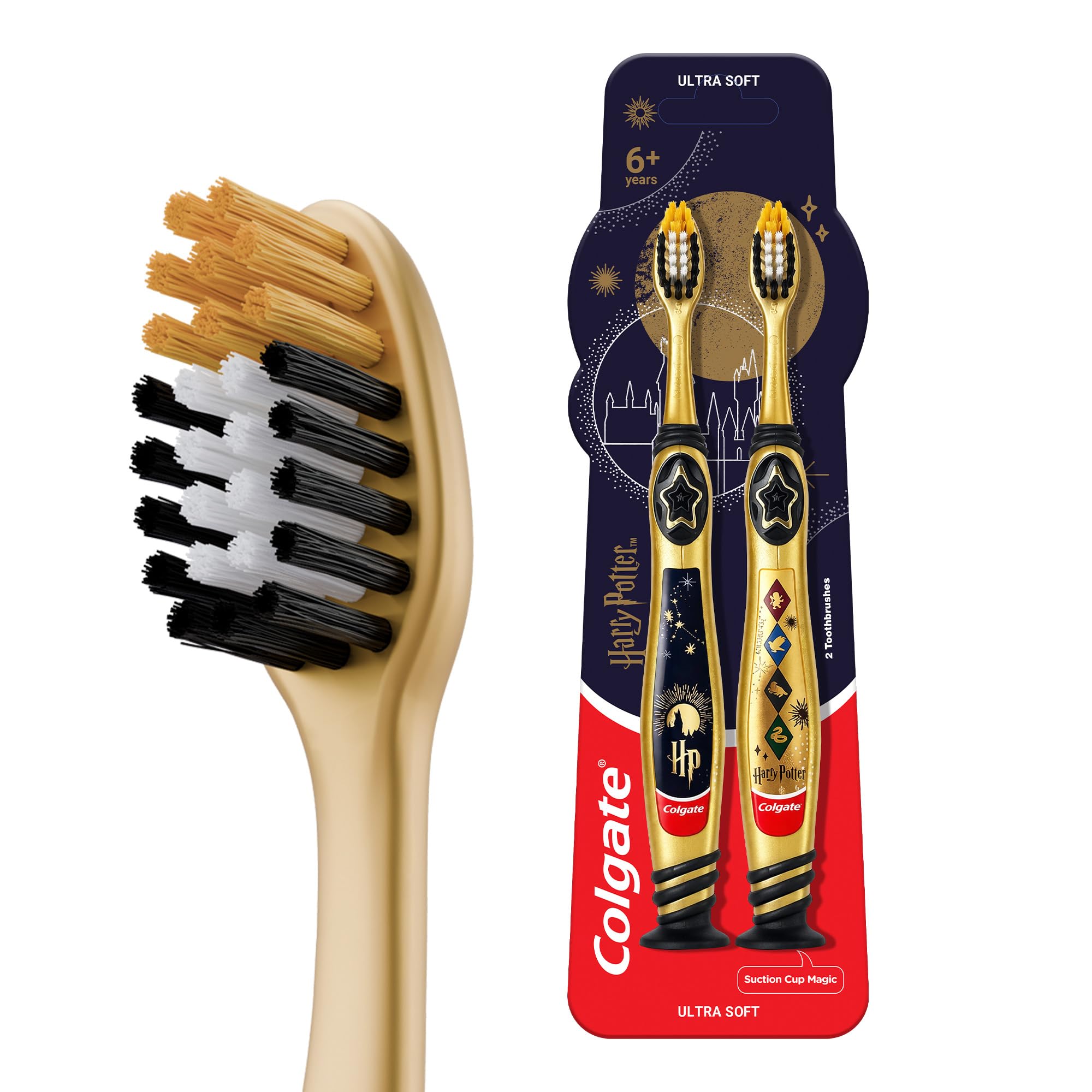 Colgate Harry Potter Toothbrush Kids, 6+ years, Pack of 2 | White, Gold and Black Bristles, Raised Tip to Clean Hard Reach Areas, Suction Cup