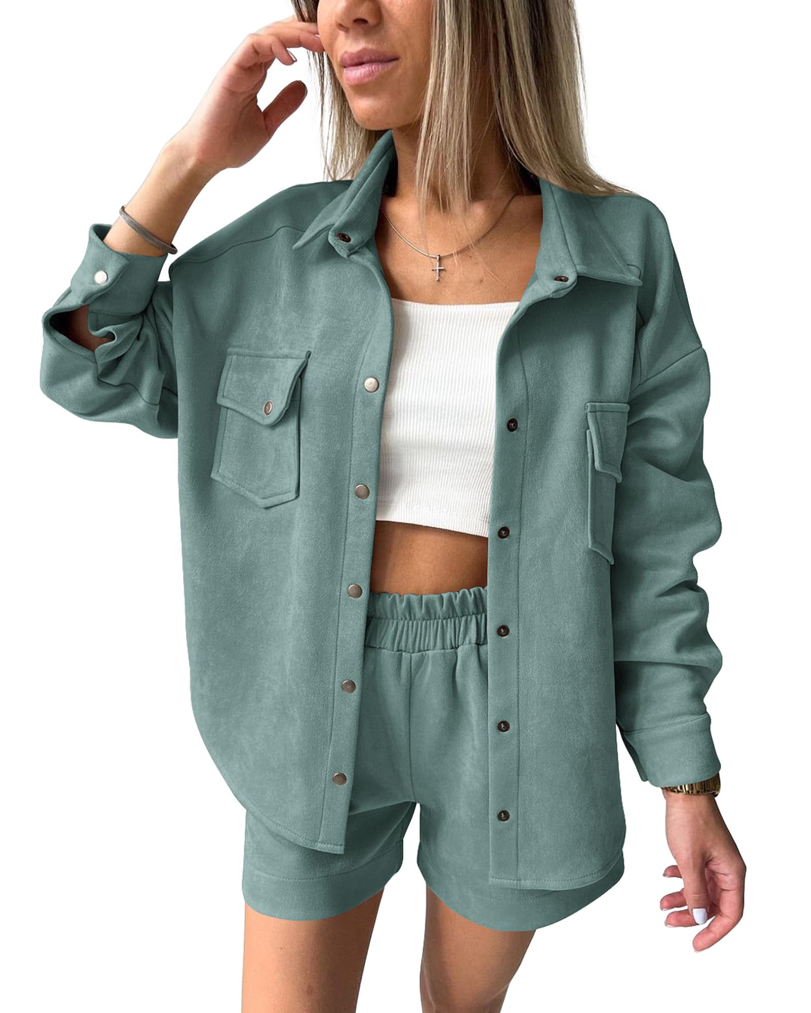 Photo 1 of KIRUNDO Womens Fall Fashion 2024 Two Piece Outfits Casual Tracksuit Suede Long Sleeve Shirt Jacket And Shorts Set Small Blue Green