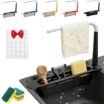 2026 New Telescopic Sink Storage Rack, Adjustable Sink Drainer with Bracket and Crossbar, Sink Rack Sponge Soap Holder for Kitchen Brush, Soap, Towel Black