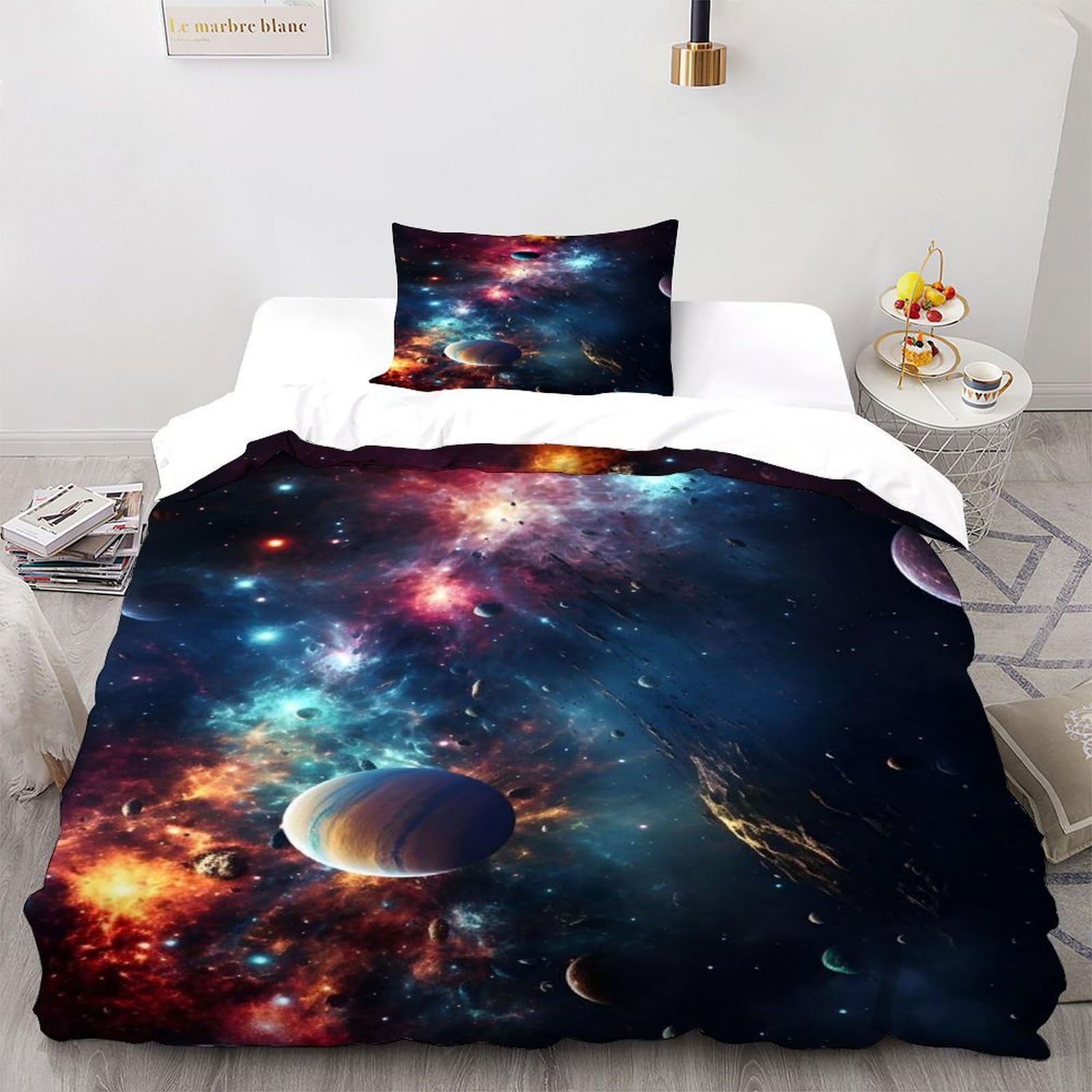 Nebula Planet Bedding Set Theme Bedspread Space Theme Duvet Cover Set Chic Breathable Quilt Cover for Boys&Girls with Pillowcase Single（135x200cm）