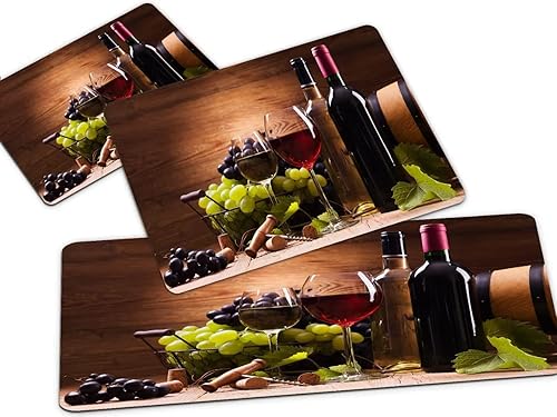 Juego de alfombras de cocina de 3 piezas, copas de vino tinto y blanco servidas con uvas sobre un fondo de madera, tapetes lavables, antifatiga,