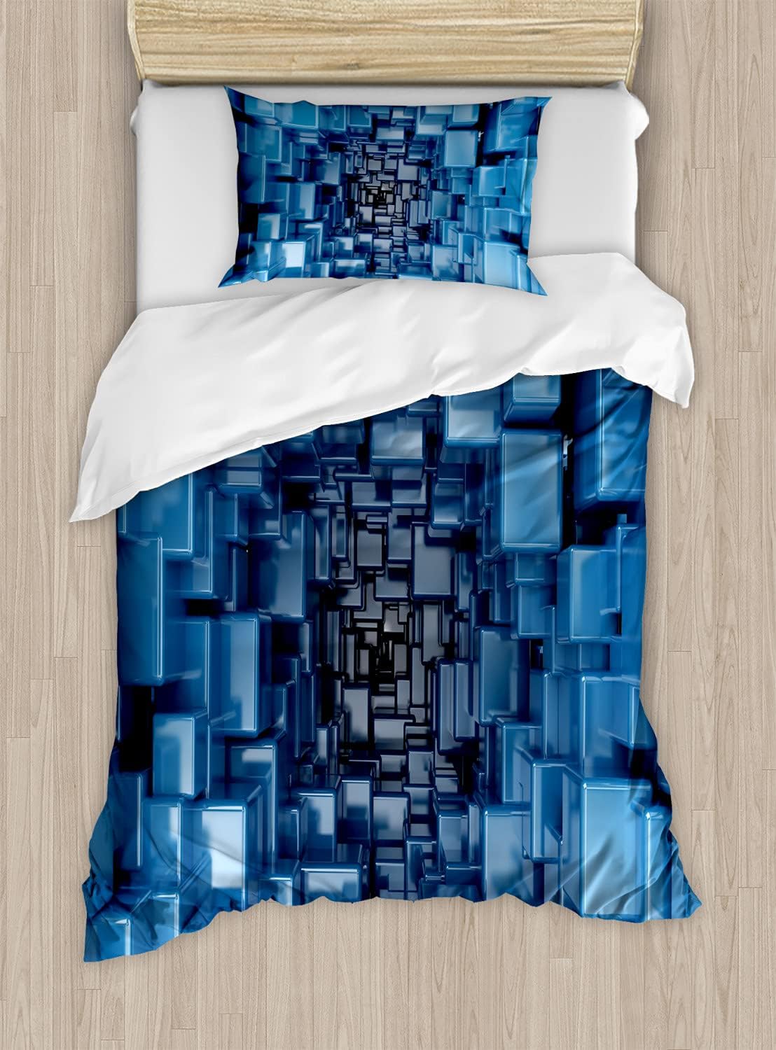Ambesonne Abstract Duvet Cover Set, Digital Dimensional Square Shaped Cubes Glossy Geometric Style Cluster Print, Decorative 2 Piece Bedding Set with 1 Pillow Sham, Twin Size, Blue