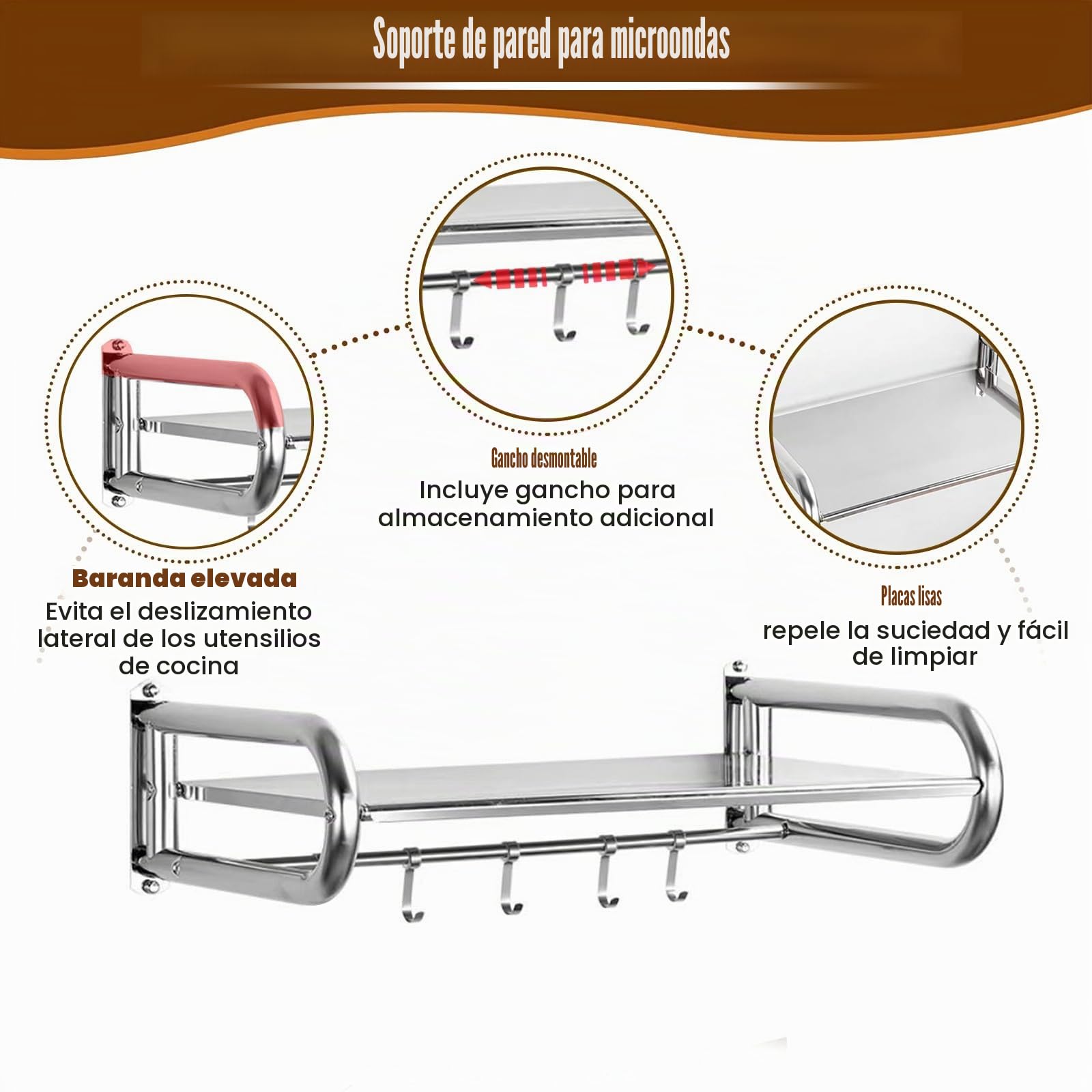 TWSOUL Estante para microondas, soporte de pared, estante de microondas con 4 ganchos, estante de pared de acero inoxidable para cocina, para horno, microondas, condimento, utensilios de cocina