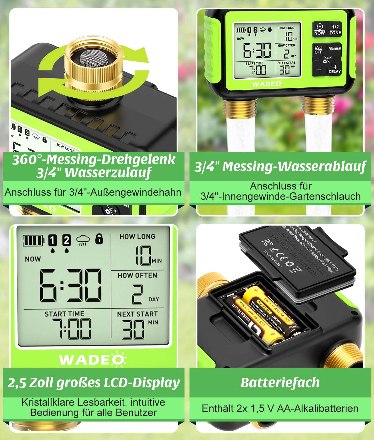WADEO Bewässerungscomputer 2 Ausgänge, Messing-Einlass und -Auslass, LCD-Display, Automatische Bewässerung Wasser Zeitschaltuhr mit Auto/Manuell/Regenverzögerung Modus, für Garten Rasen
