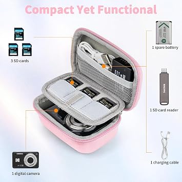 Rieibi Digital Camera Case for Kodak PIXPRO FZ55/FZ45, Kodak Pixpro C1, Canon IXUS 285 HS, Dedicated Case - Small Hard Shell with Wrist Strap, Carabiner & SD Card Holder (Pink)