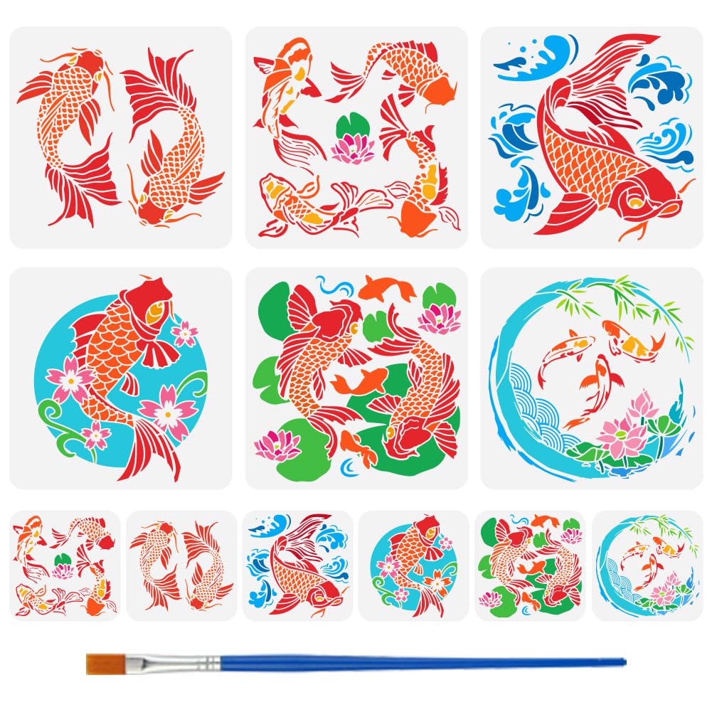 FINGERINSPIRE 12 plantillas de pintura de peces koi con 1 pincel de plástico reutilizable, 12 estilos, plantilla decorativa de peces orientales, plantilla Koi de la suerte para pintar en pared,