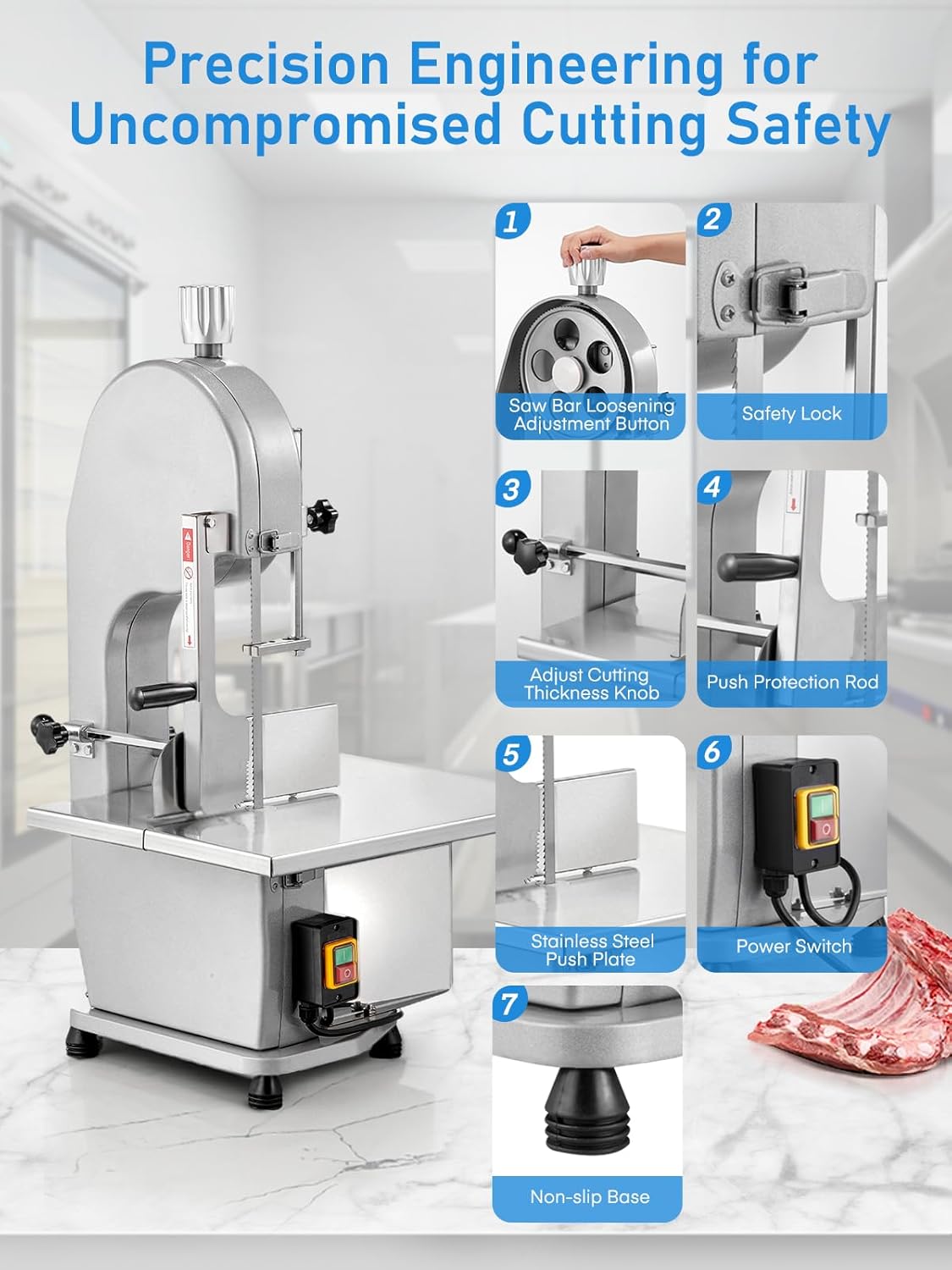 Commercial Electric Meat and Bone Band Saw, 1500W Stainless Steel Worktable Bone Saw Machine, Worktable 19.3" x 19.7", 0.04-7.09'' Cutting Thickness, Frozen Meat Cutter for Rib Pork Beef (5 Blades)