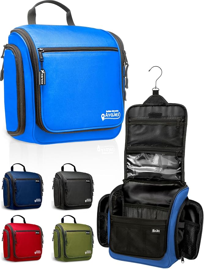 Trousse De Toilette De Voyage à Suspendre, Grande Trousse De Maquillage Portable Avec 4 Compartiments, 1 Crochet Robuste Pour Femmes, Hommes, Filles, Voyages D'affaires, Bleu Ciel, Mélange De Coton