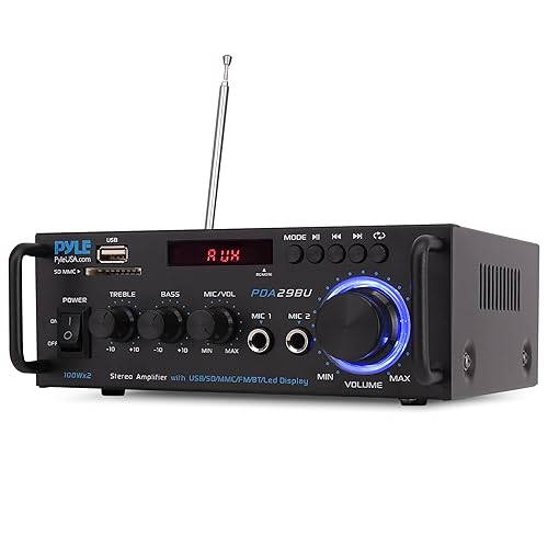 Amplificador de potencia estéreo Bluetooth inalámbrico Pyle, sistema receptor estéreo de audio y sonido de doble canal de 200 W con RCA, USB, SD, entrada de micrófono, radio FM, para entretenimiento de cine en casa a través de RCA, uso en estudio, PDA29BU