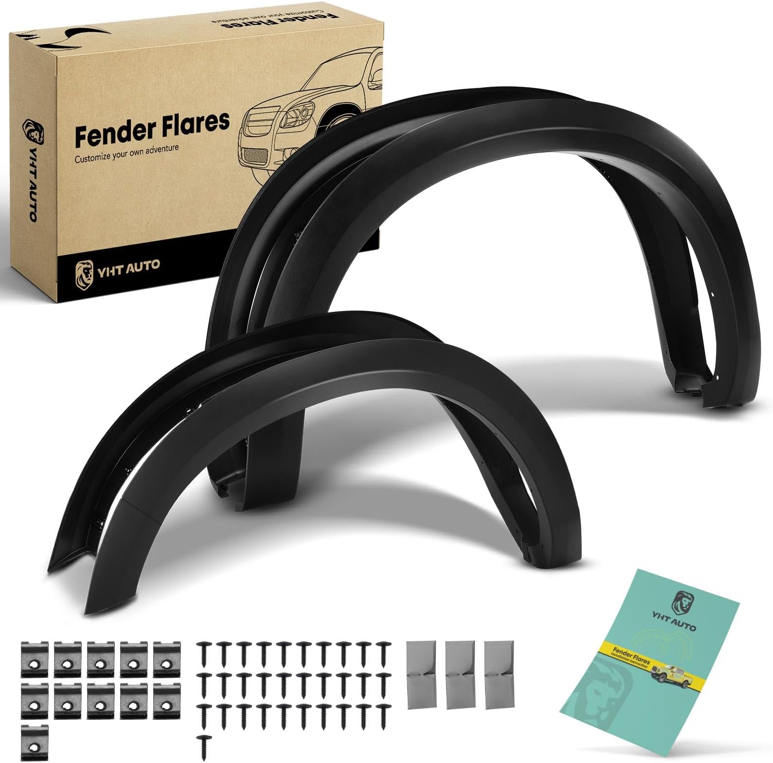 YHTAUTO OE Factory Style Fender Flares w/ Hardware Kit Replacement for Dodge Ram 1500 2009-2018, Ram 1500 Classic 2019-2022, Shiny Black Wheel Flare Cover Protector, Set of 4, Front & Rear