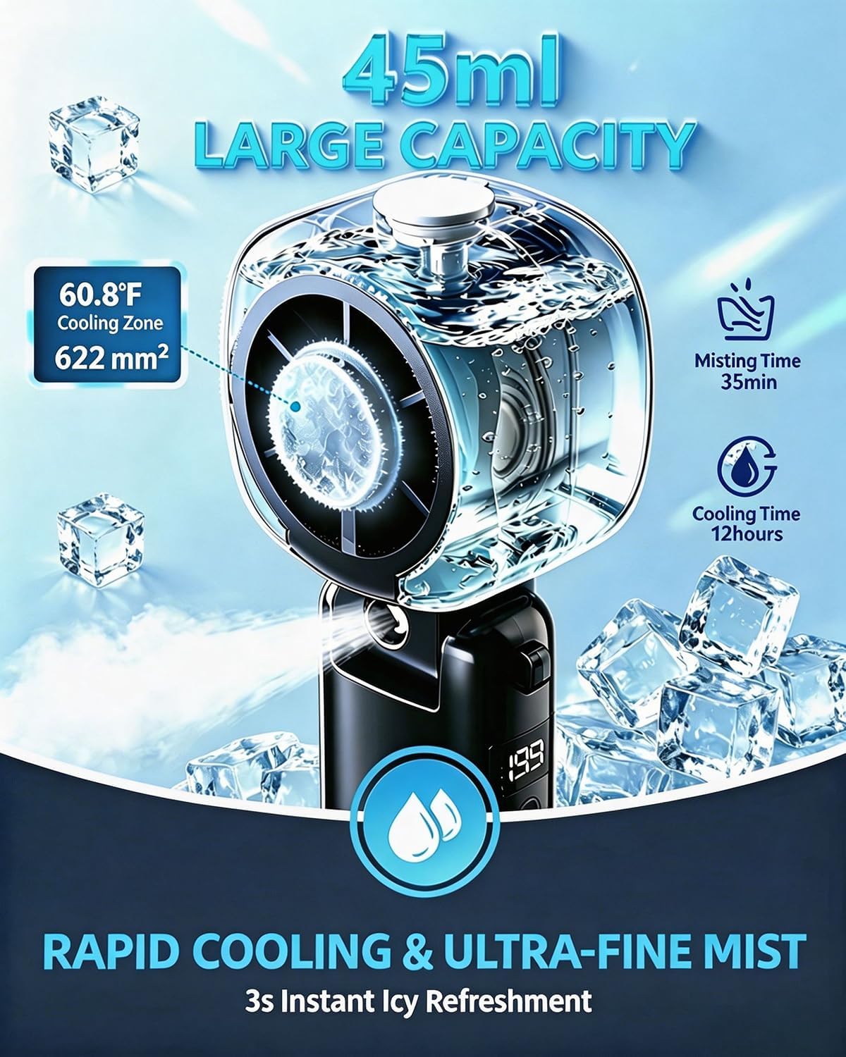 portable handheld turbo fan with ice cooling, 45ml mist fan, up to 12h cooling, 199 speed, usb rechargeable, high power motor, personal cooling fan for outdoor, travel, beach, camping (black)