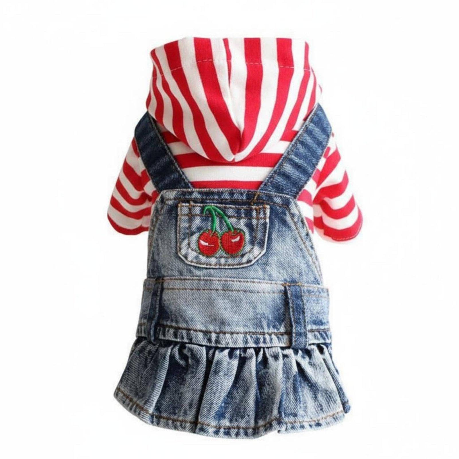 STYLEHEAVEN Denim Dog Dress Ruffled Hem Puppy Cherry Embroidered Skirt Comfortable Suitable Pet Denim Overall Dress for Dogs, Special Occasions Xs|Pet Supplies| Dog Supplies| Clothing & S-image-11