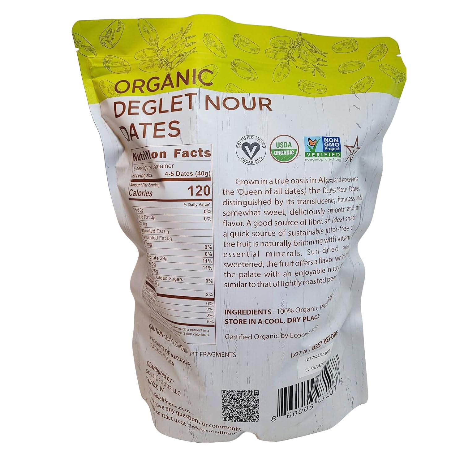 5lb Organic Pitted Dates | 100% Algerian Deglet Noor| Certified ORGANIC, NON-GMO, VEGAN, KOSHER, naturally sweet and Gluten-free, NO sugar added, NO sulfurs or preservatives, Nut-Free.