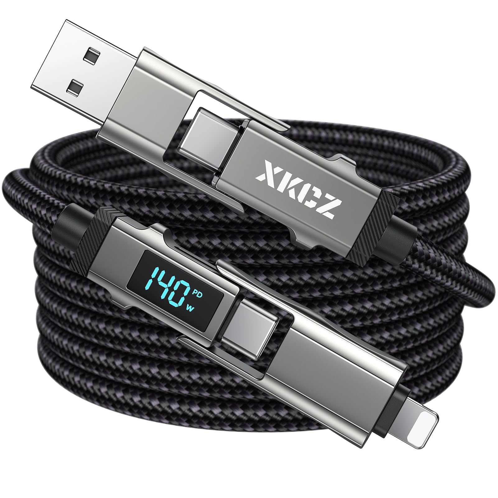 Cavo USB C 4 in 1 con display di potenza, 140 W rotondo in nylon intrecciato multi cavo di ricarica con sincronizzazione dati, cavo di ricarica USB C Combo tipo C/USB A/porta iPhone per iPhone/iPad