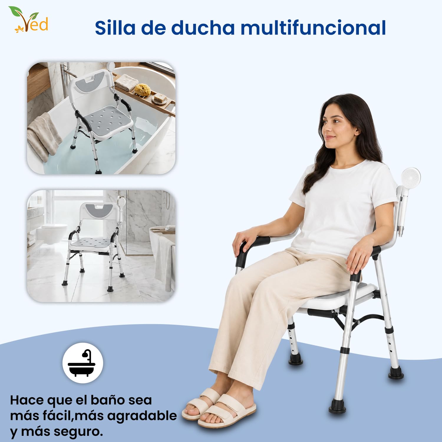 Silla de Ducha con Taburete VED, Asiento de bañera, Silla de Ducha Plegable, Asiento de baño portátil con Patas de Aluminio duraderas, Ajustable con Respaldo para baño.