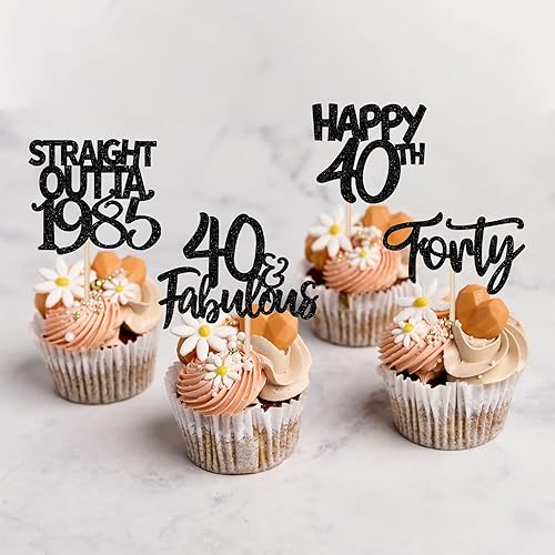 Miniatura 4 de Paquete de 24 adornos para cupcakes Straight Outta 1983 con purpurina para cuarenta y 40 años, decoraciones para pasteles de cumpleaños de 40 años,
