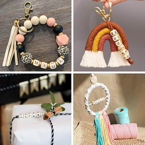 Miniatura 5 de KISSITTY 250 cuentas de madera con letras vocales de 0.472 pulgadas, cubo A E I O U inicial del alfabeto con agujero grande, cuentas espaciadoras